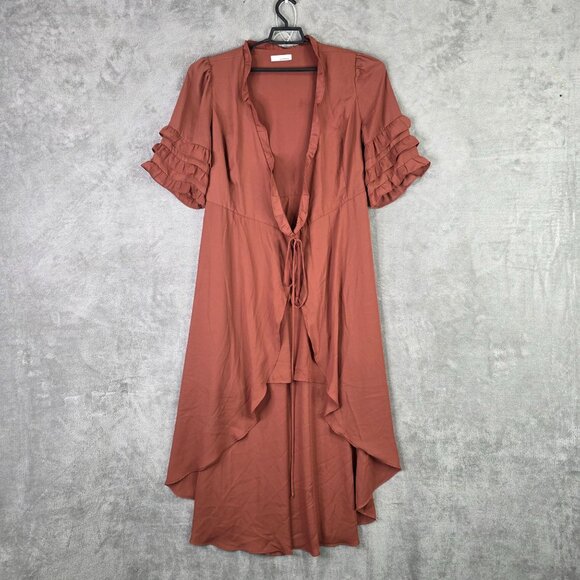 Womens June & Hudson Rust High-Low Maxi Wrap Dress Ruffled Sleeves & Tie Waist L - Picture 2 of 8